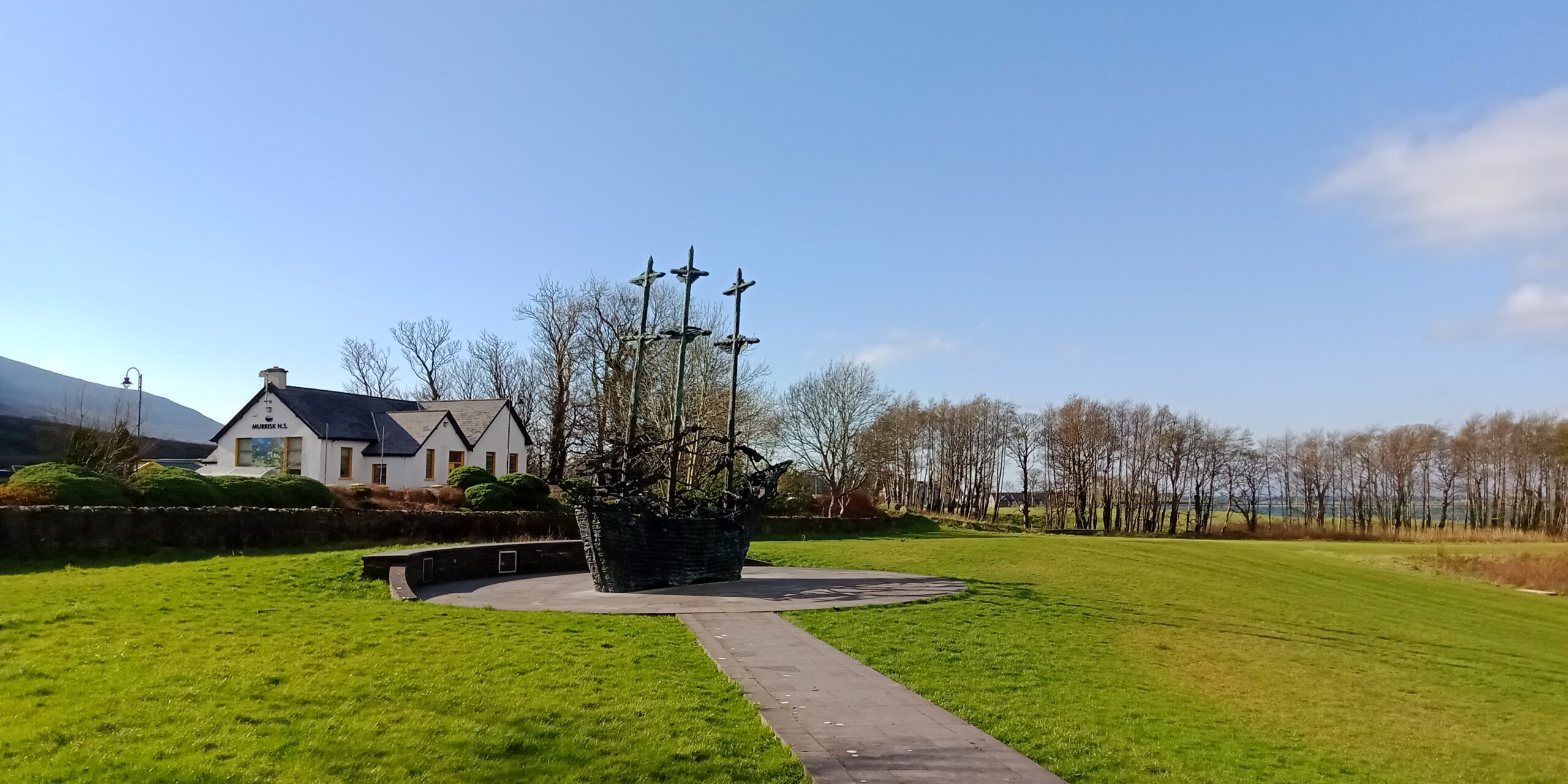 National Famine Memorial at Murrisk, Co. Mayo — Rowan Gillespie sculpture of a skeletal ship with emigrant figures, set against Croagh Patrick