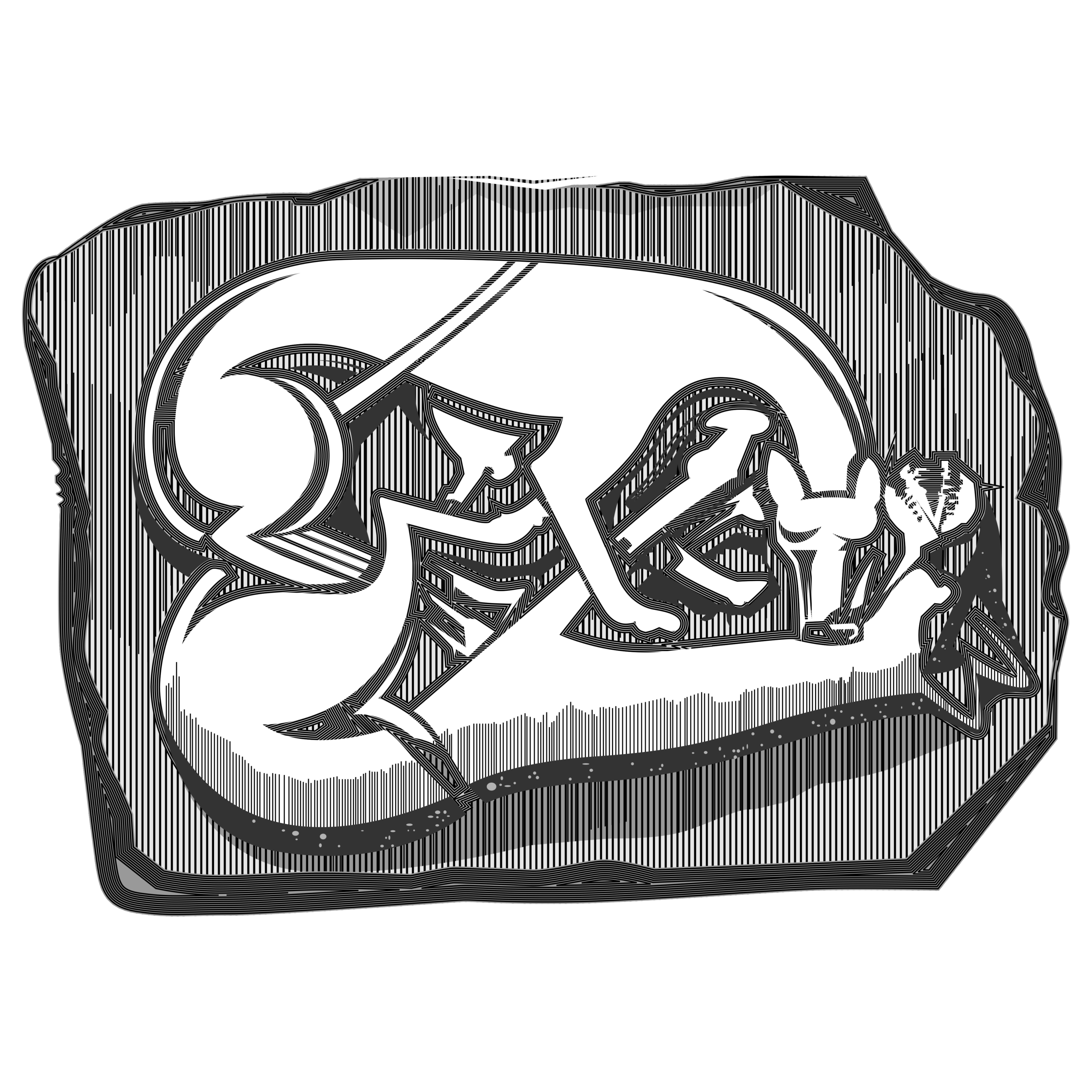 Illustration of the Ardnaglass dog-and-wolf carving — a hound bringing down a wolf on a fragment of dressed stone