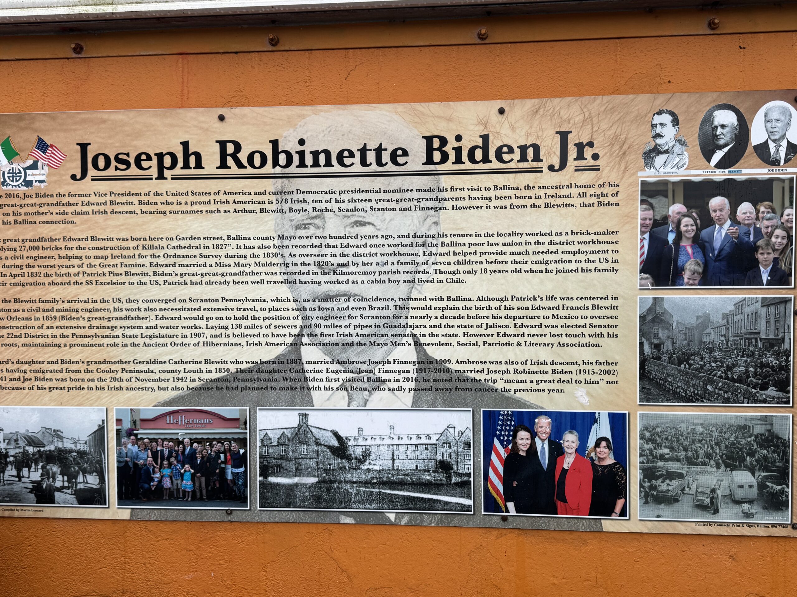 The Joseph Robinette Biden Jr. heritage board mounted on the north wall of Two O’Dowd’s, Ballina