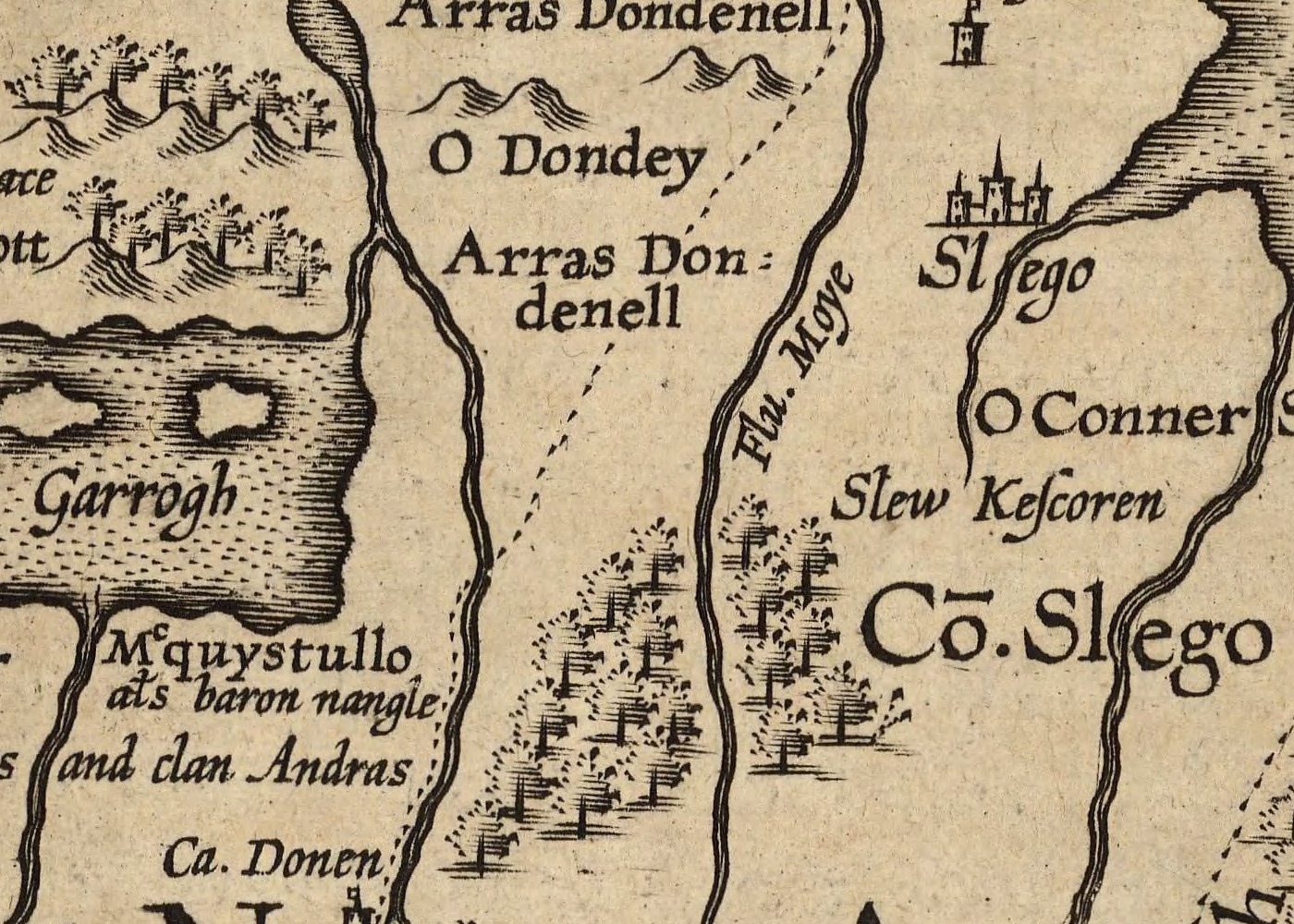 Detail of Boazio 1606 showing O Dondey label on Sligo coast