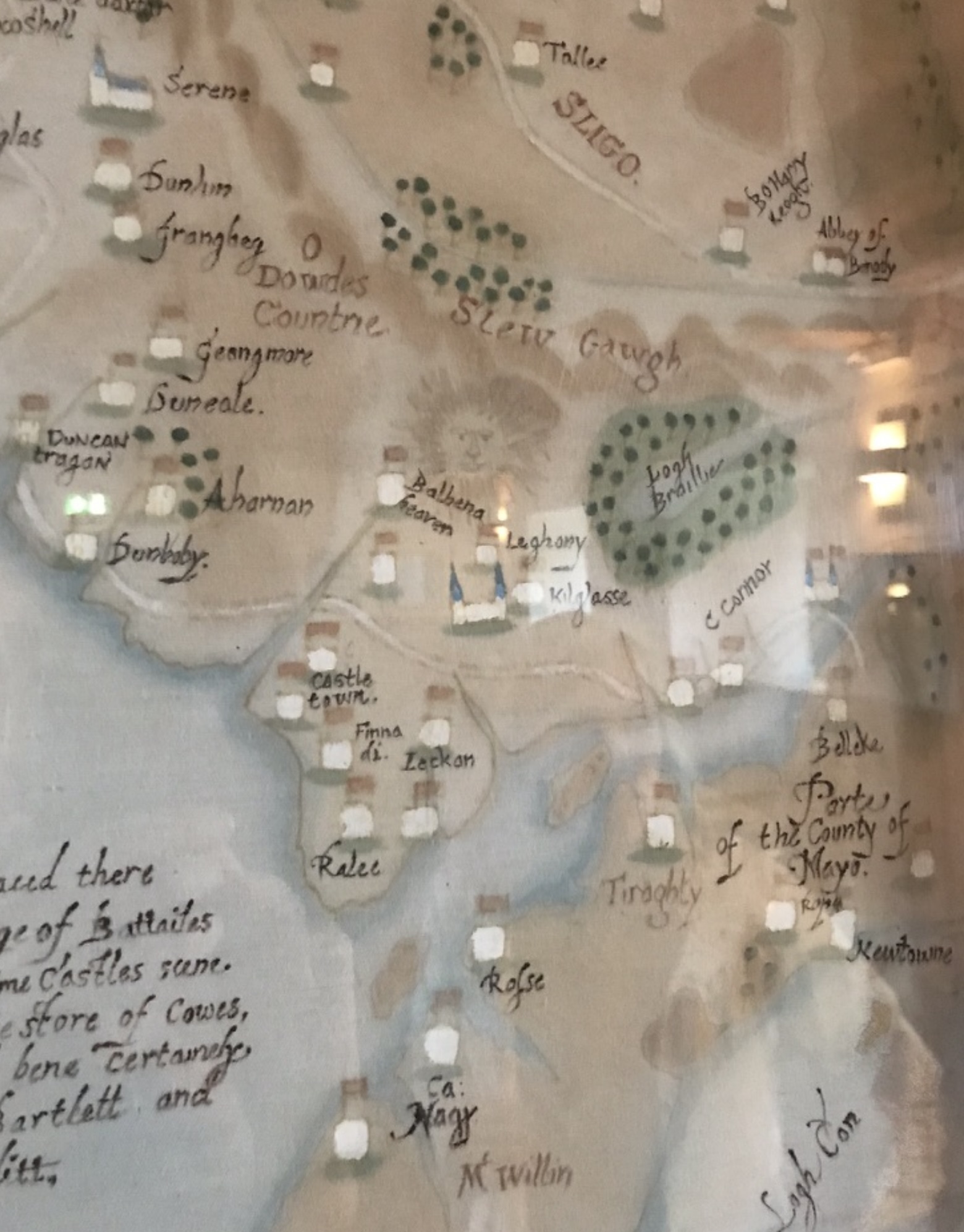 Detail of the wall map at Parke's Castle showing a radiant sun drawn in the centre of O Dowdes Countrie, near where Carn Amhalghaidh stands today